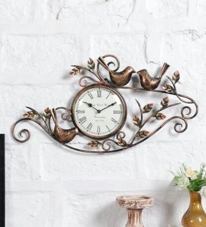 Brown Metal Analog Wall Clock With Birds