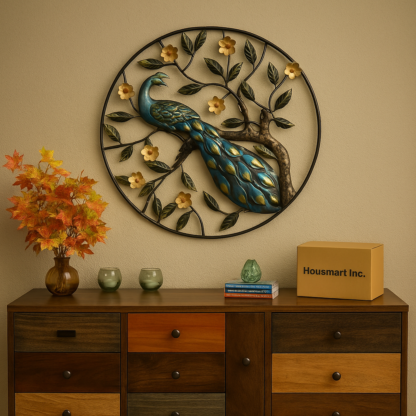 Peacock Round wall frame – Blue
