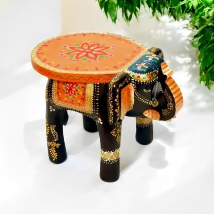 Wooden Elephant Mini Stool - Orange & Black