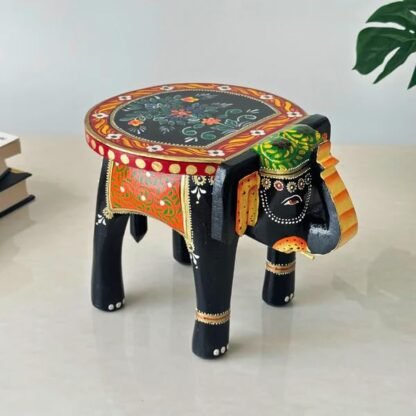 Wooden Elephant Mini Stool - Black & Orange