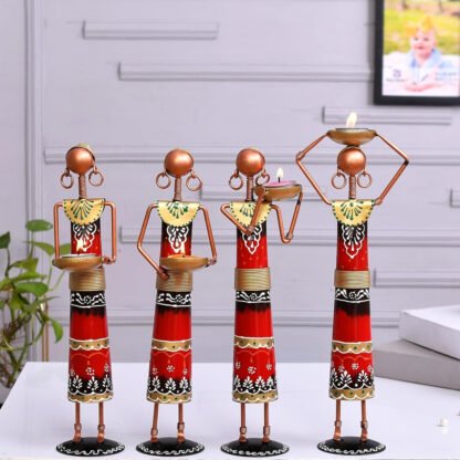 Metal Rajasthani Tribal Labour Ladies Tea Light Holders Set of 4