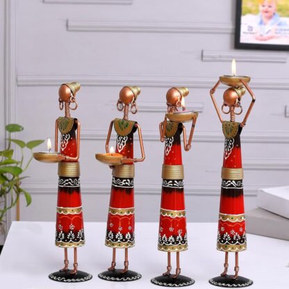 Metal Rajasthani Tribal Labour Ladies Tea Light Holders Set of 4 - Image 2