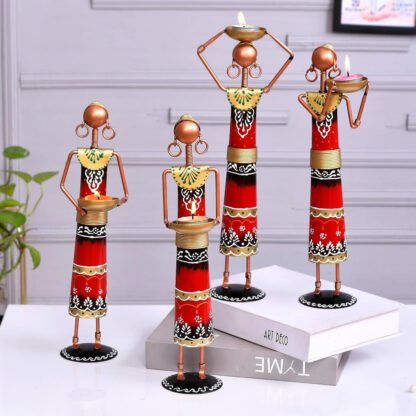Metal Rajasthani Tribal Labour Ladies Tea Light Holders Set of 4 - Image 5
