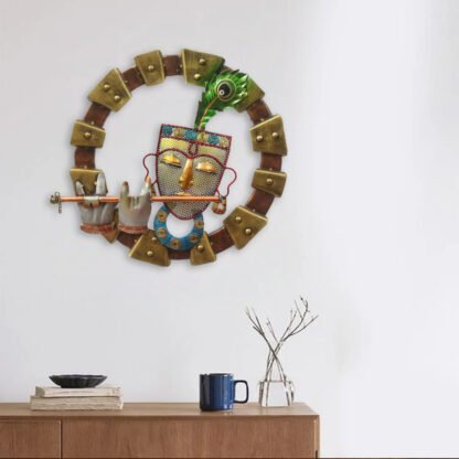 Golden Round Krishna With Fluet for Wall - Image 4