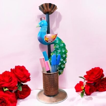 Peacock Pen Stand with 1 Candle Holder