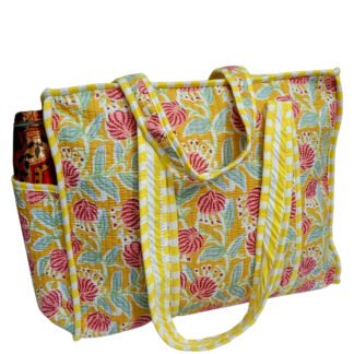Handmade Cotton Printed Quilted Tote Bags with Bottle Space - Style 12