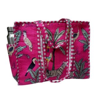 Handmade Cotton Printed Quilted Tote Bags with Bottle Space - Style 25