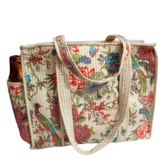 Handmade Cotton Printed Quilted Tote Bags with Bottle Space - Style 28