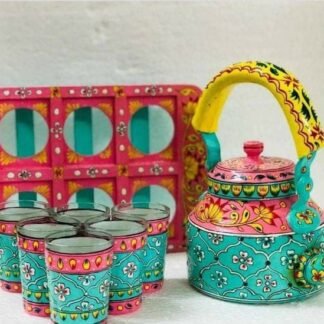 Hand Painted Tea set with kettle |1 liter Kettle With 6 Handpainted Glass, Tray, Multicolour, Set of 8